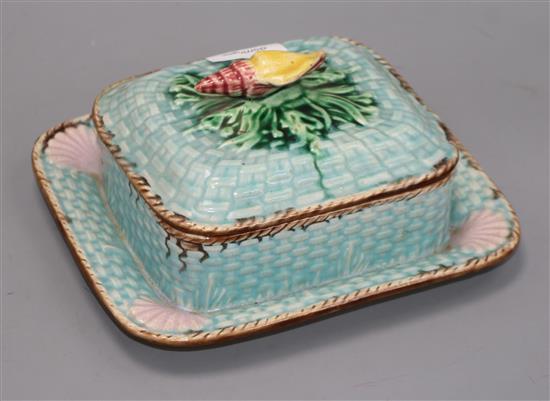 A Minton style maiolica sardine dish and cover, turquoise glazed, the lid with conch shell finial